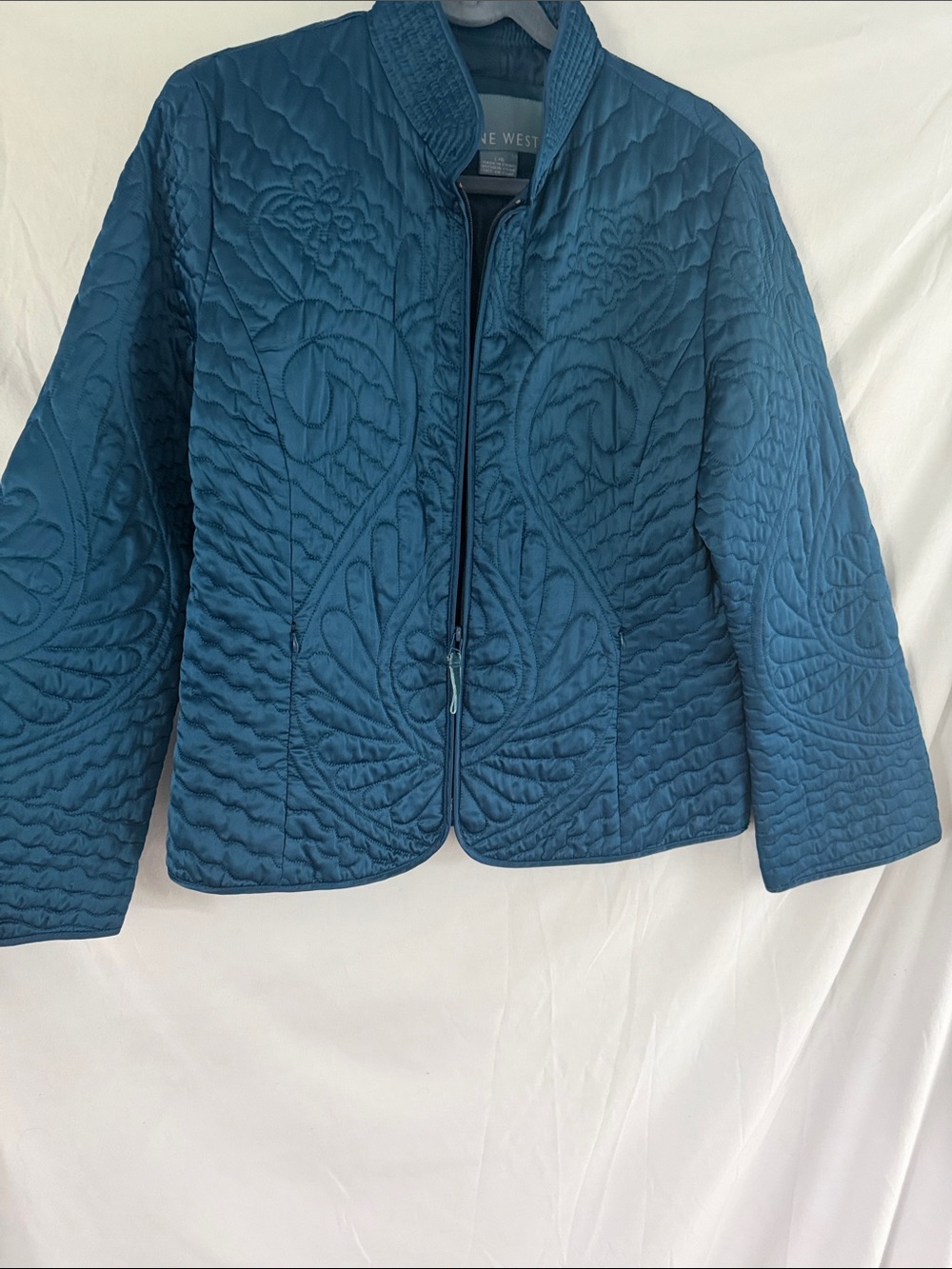 Nine West Teal Quilted Floral-Pattern Puffer Jacket